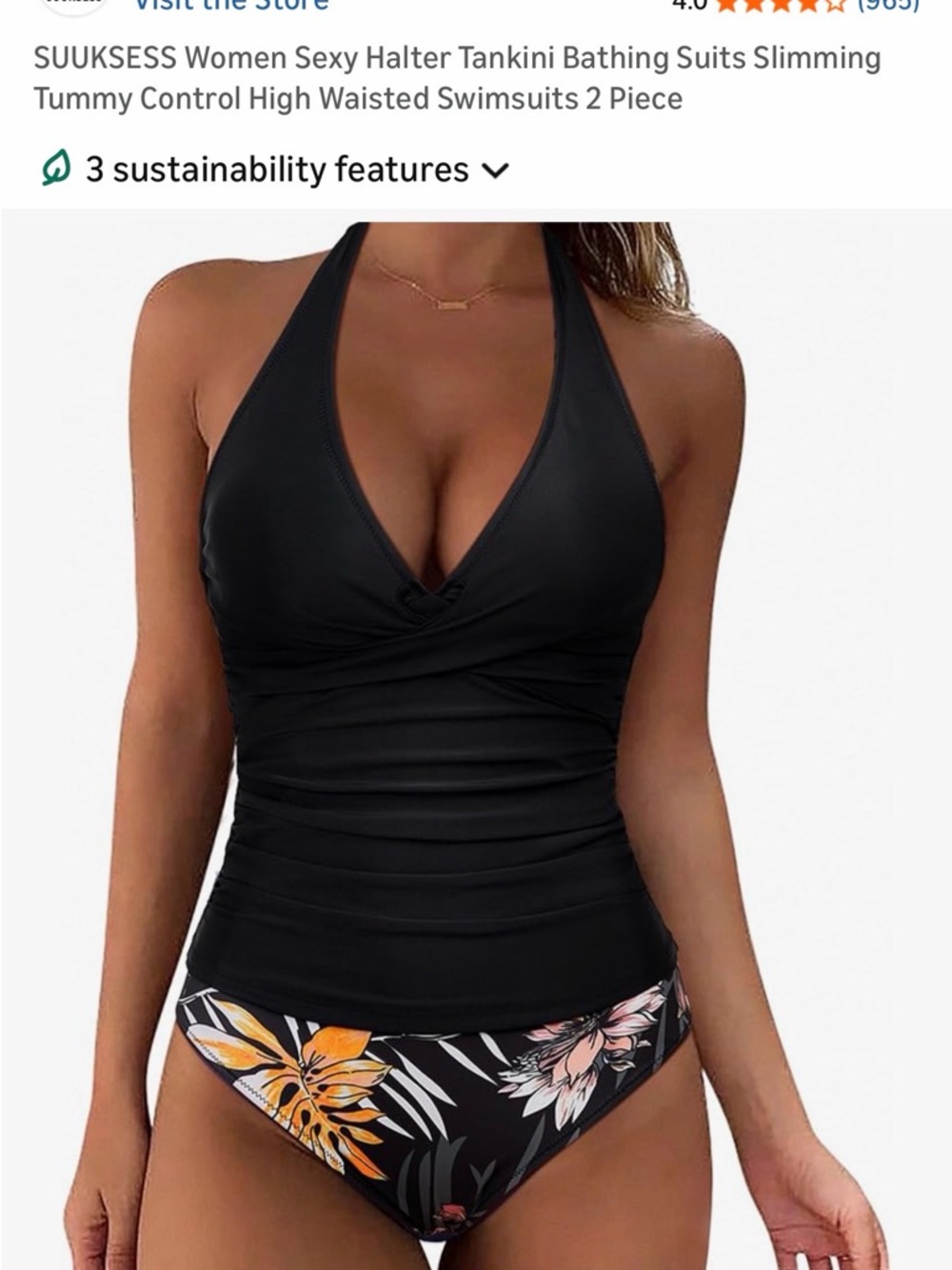 SUUKSESS Black Halter Tankini w Floral Print Bikini Bottoms New/sealed package